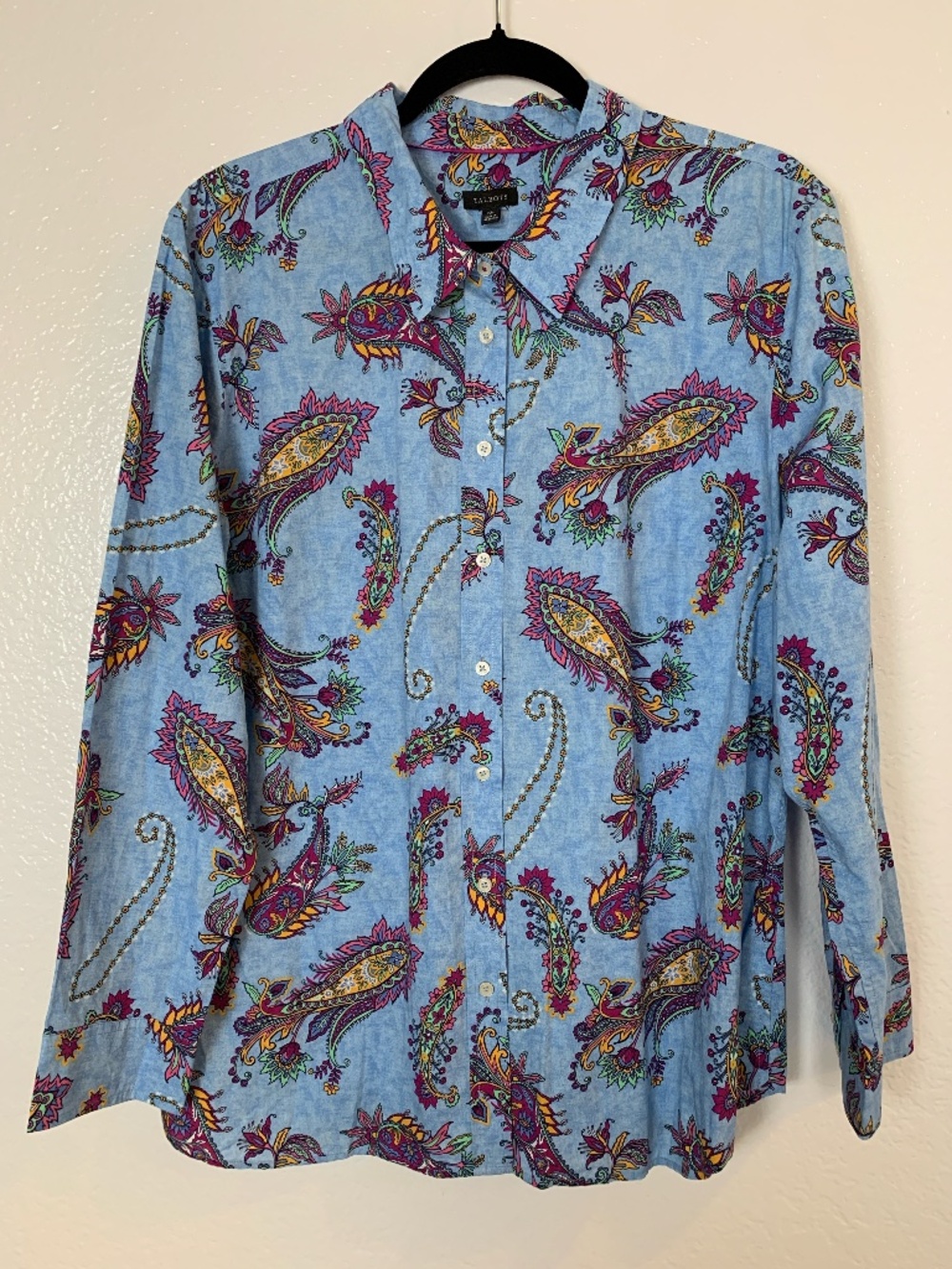 Talbots Button Up Shirt Womens XL‎ Blue Paisley Floral Collar 100% Cotton Preppy